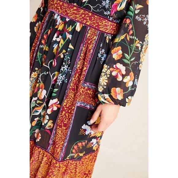 ANTHROPOLOGIE Adair Velvet Trimmed Floral Boho Midi Dress sz 8 US - Picture 2 of 14